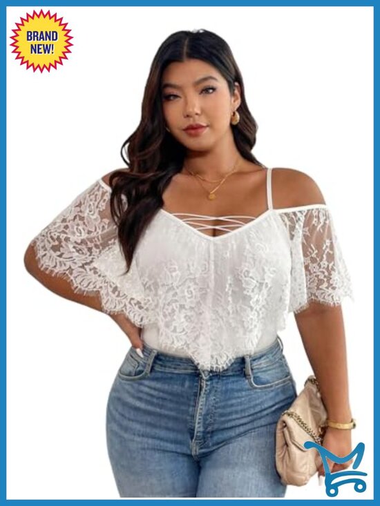Other - Plus Size Lace Cold Shoulder Short Sleeve Bodysuit Top